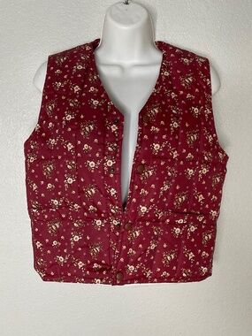 Vintage Burgundy Floral Print Quilted Vest Button Up Cottage core Size XL